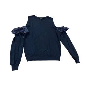 Clu Womens Navy Blue Off the Shoulder Sweater‎ Top Sz M Ruffle sleeves